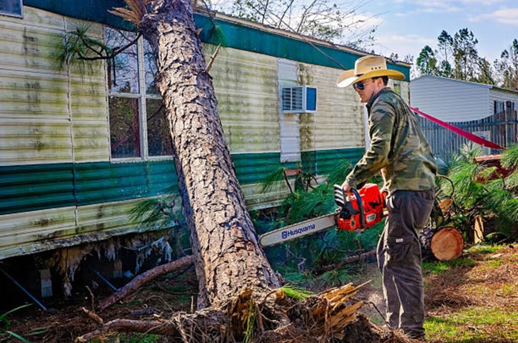 Storm-damaged tree leaning against a residential home before emergency tree removal service in Webster Groves, MO.