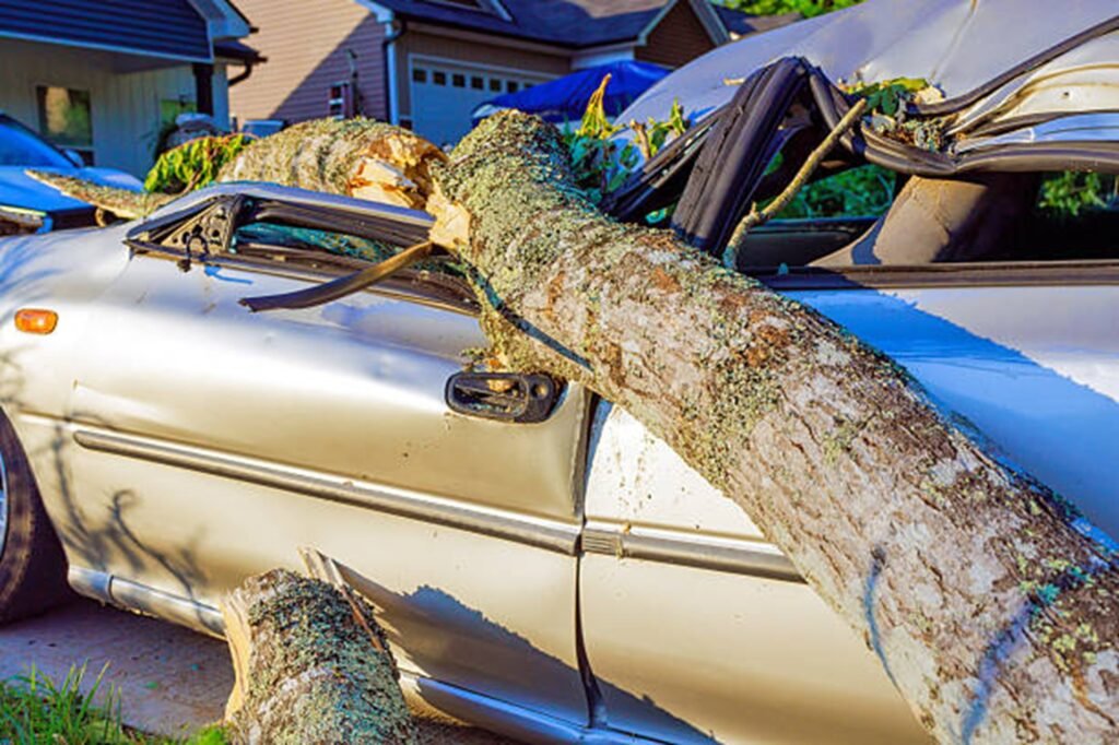 Large fallen tree crushing a parked vehicle after a severe storm, highlighting the need for professional storm damage cleanup in Webster Groves, MO.